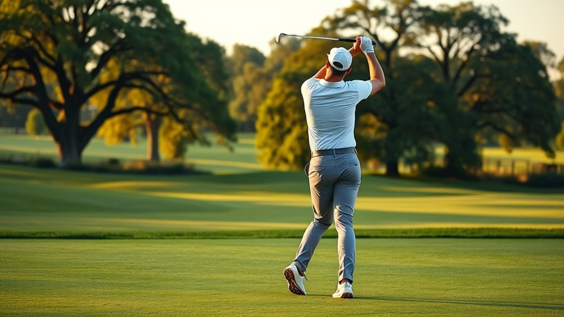 Professional golfer mid-swing at West Derby Golf Club parkland course, Liverpool