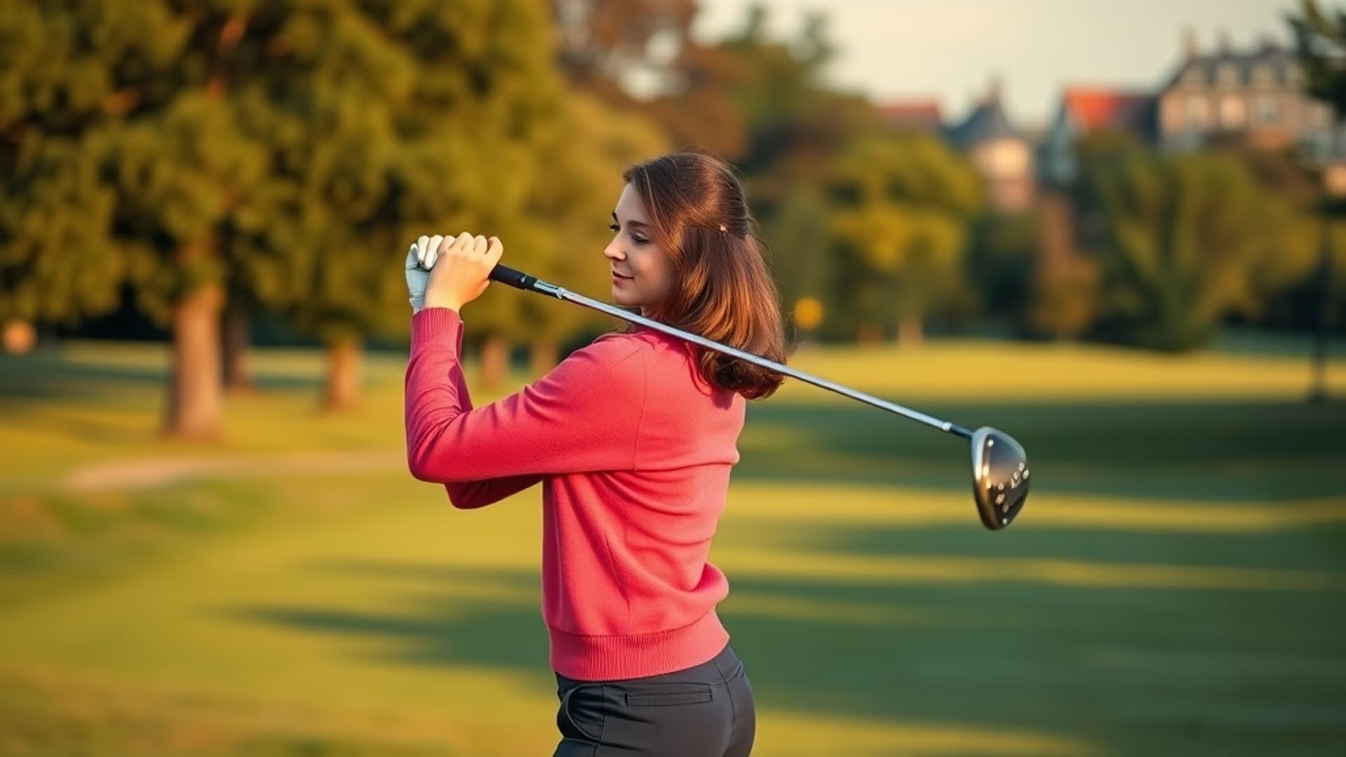 Female golfer mid-swing at West Derby Golf Club parkland course, Liverpool